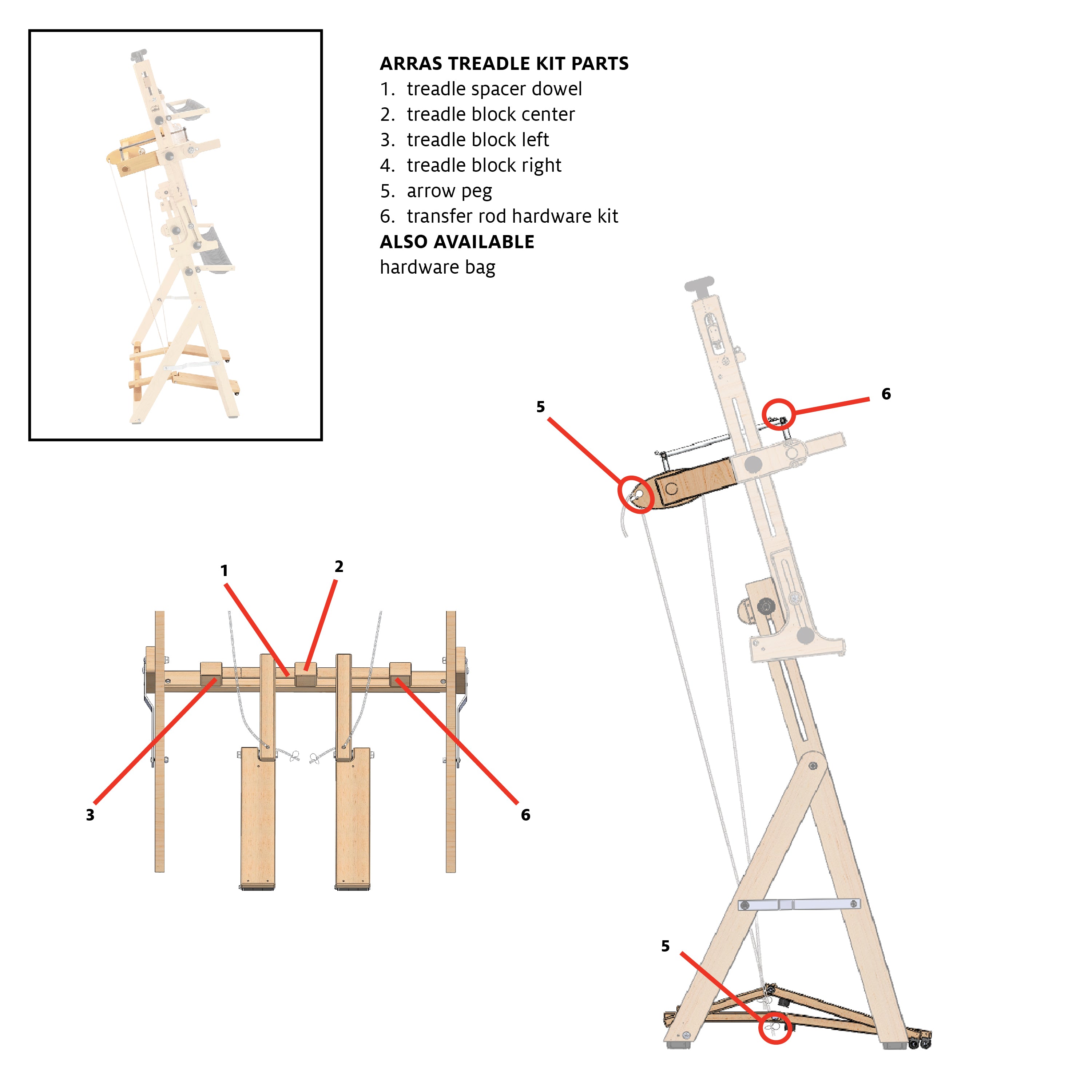 Treadle Dowel for Wolf, Standard Floor Looms, Arras Treadle Kit